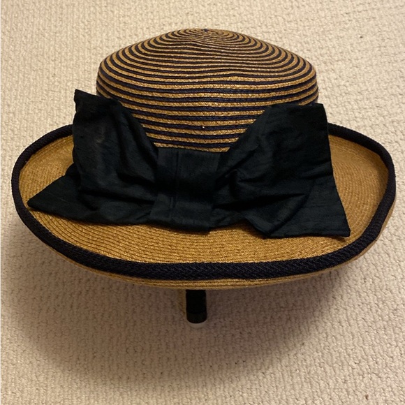 One-of-a-Kind Straw Hat - Navy, Tan, with Silk Navy Bow - Picture 3 of 6
